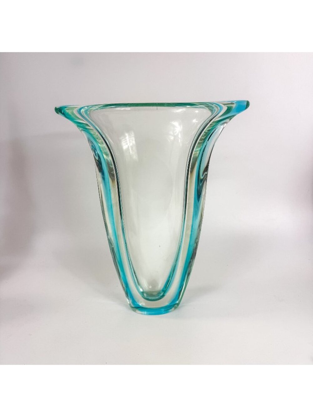 Murano Sommerso Art Glass Blue Green Trumpet Biomorphic Flared Vase 14